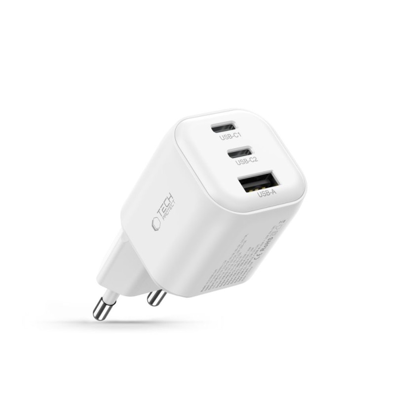 Tech-Protect NCA100W-GAN-AVS 3-портово мрежово зарядно 100W GaN (PD 3.2, QC3.0) Бяло Tech-Protect NCA100W-GAN-AVS 3-портово мрежово зарядно 100W GaN (PD 3.2, QC3.0) Бяло