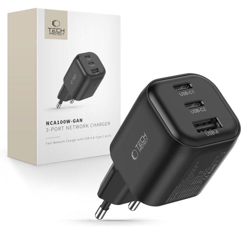 TECH-PROTECT NCA100W-GAN-AVS 3-портово мрежово зарядно PD 3.2 100W / QC3.0 Black TECH-PROTECT NCA100W-GAN-AVS 3-портово мрежово зарядно PD 3.2 100W / QC3.0 Black