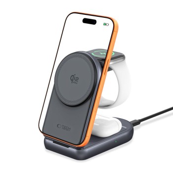 TECH-PROTECT A53 3в1 магнитно MagSafe безжично зарядно 25W Qi2.2 (тъмносиво)