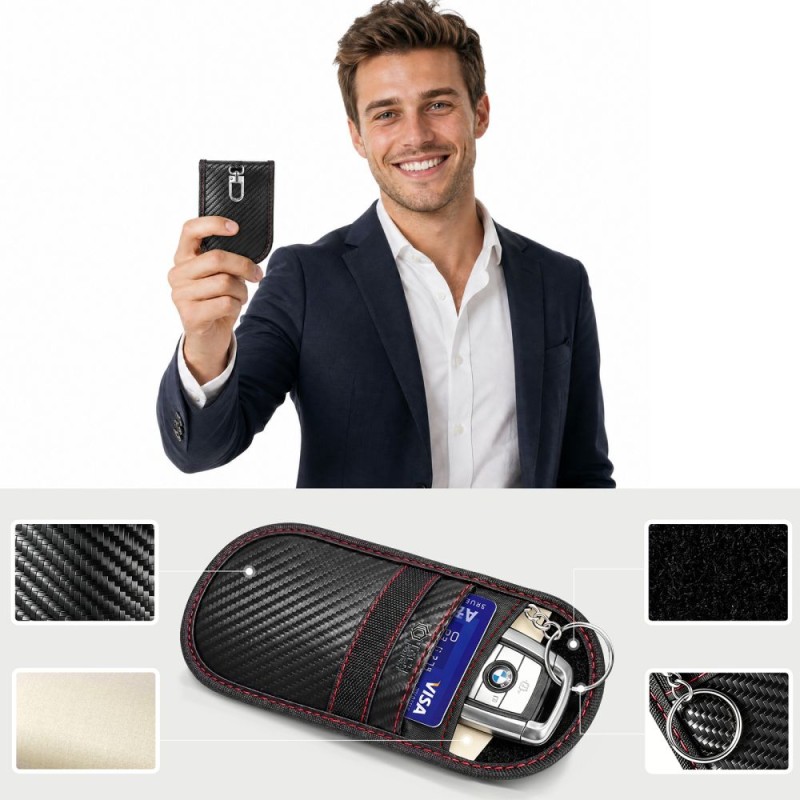 Tech-Protect KLR100 Pouch калъф за ключове без ключ (Keyless) за блокиране на RFID сигнали, карбон черно/червено - 5906302323937