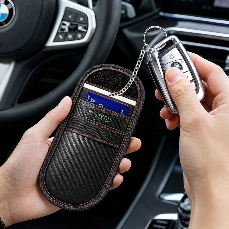 Tech-Protect KLR100 Pouch калъф за ключове без ключ (Keyless) за блокиране на RFID сигнали, карбон черно/червено - 5906302323937