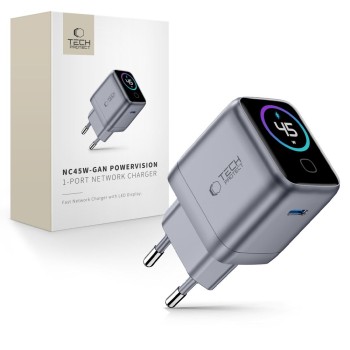 Tech-Protect PowerVision NC45W-GaN 45W мрежово зарядно USB-C (1 порт) PD 3.2, тъмносиво