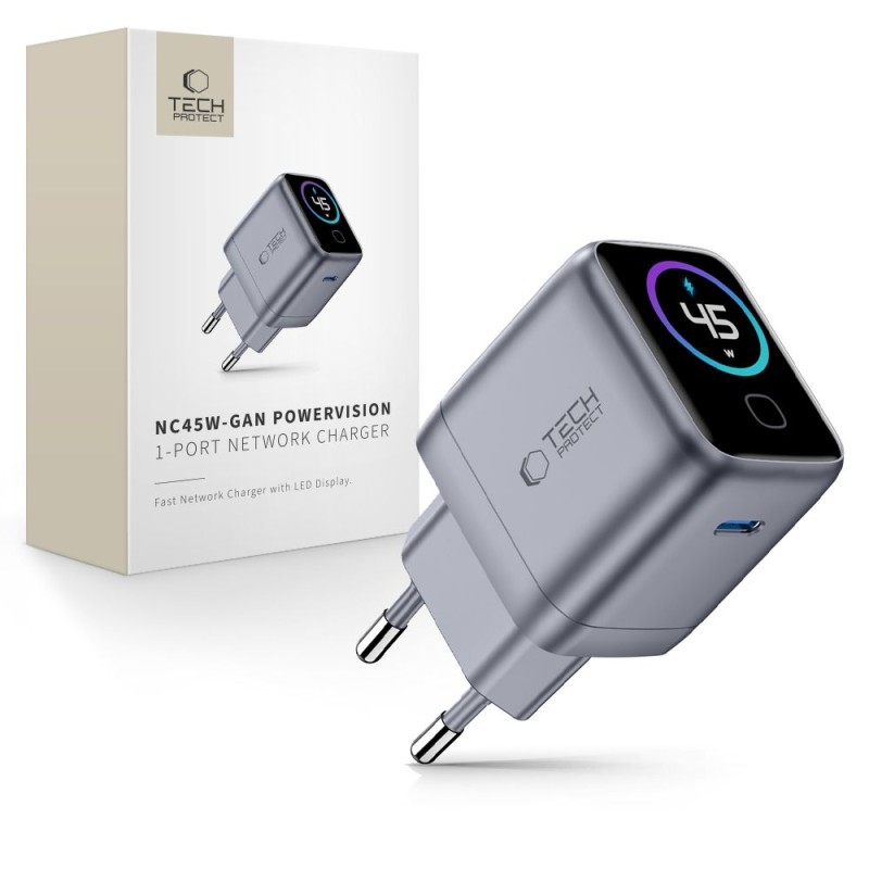 Tech-Protect PowerVision NC45W-GaN 45W мрежово зарядно USB-C (1 порт) PD 3.2, тъмносиво Tech-Protect PowerVision NC45W-GaN 45W мрежово зарядно USB-C (1 порт) PD 3.2, тъмносиво