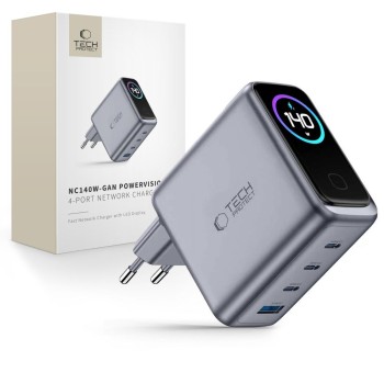 TECH-PROTECT POWERVISION NC140W-GaN 4-портов мрежов зарядeн адаптер 140W, PD + QC3.0 (тъмносив)