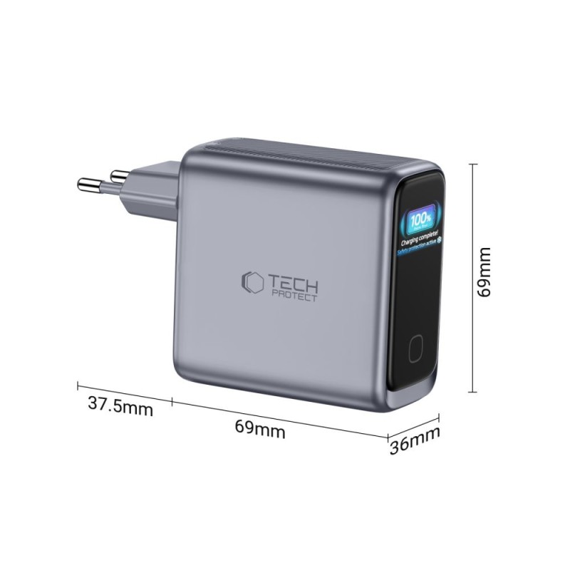 TECH-PROTECT POWERVISION NC140W-GaN 4-портов мрежов зарядeн адаптер 140W, PD + QC3.0 (тъмносив) TECH-PROTECT POWERVISION NC140W-GaN 4-портов мрежов зарядeн адаптер 140W, PD + QC3.0 (тъмносив)