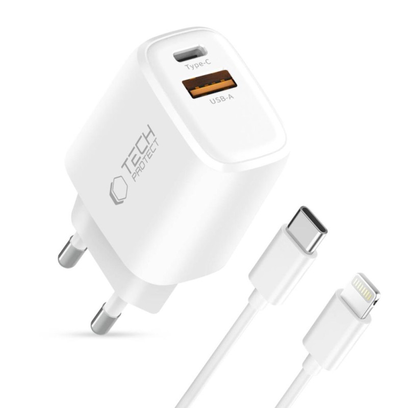 TECH-PROTECT NCA20 2-Port мрежово зарядно 20W PD / QC3.0 + Lightning кабел 1м бяло - TECH-PROTECT NCA20 2-Port мрежово зарядно 20W PD / QC3.0 + Lightning кабел 1м бяло - 5906302330546