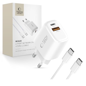 TECH-PROTECT NCA20 2-портова мрежова зарядна с PD 20W / QC3.0 + USB-C кабел 100 см (бяла)