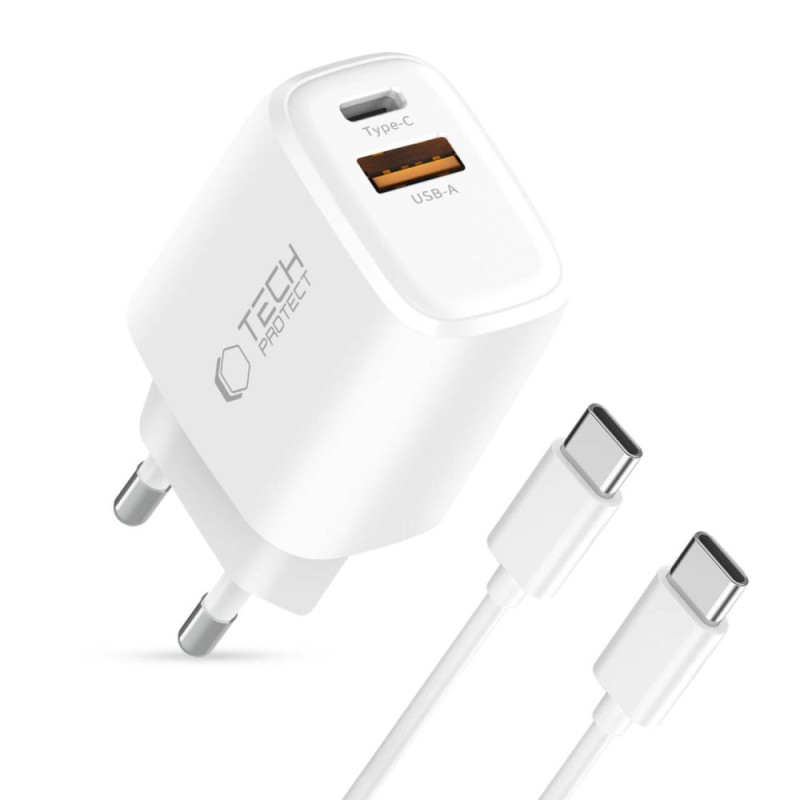 TECH-PROTECT NCA20 2-портова мрежова зарядна с PD 20W / QC3.0 + USB-C кабел 100 см (бяла) - TECH-PROTECT NCA20 2-портова мрежова зарядна с PD 20W / QC3.0 + USB-C кабел 100 см (бяла) - 5906302330553
