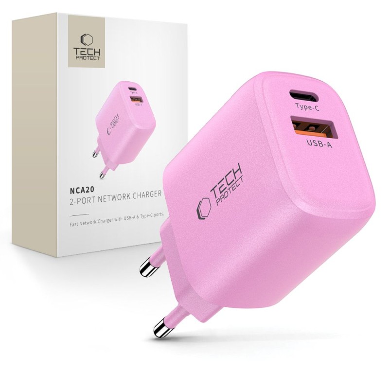 Tech-Protect NCA20 двупортово мрежово зарядно 20W PD / QC 3.0 Baby Pink - 5906302330645