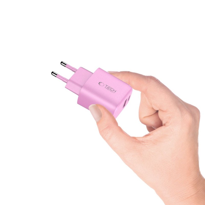 Tech-Protect NCA20 двупортово мрежово зарядно 20W PD / QC 3.0 Baby Pink - 5906302330645