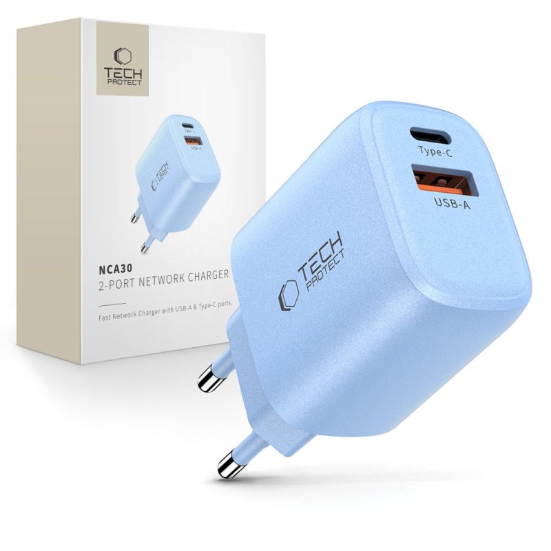 TECH-PROTECT NCA30 двупортово мрежово зарядно PD 30W / QC3.0, бебешко синьо - TECH-PROTECT NCA30 двупортово мрежово зарядно PD 30W / QC3.0, бебешко синьо - 5906302330676