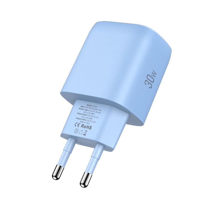 TECH-PROTECT NCA30 двупортово мрежово зарядно PD 30W / QC3.0, бебешко синьо - TECH-PROTECT NCA30 двупортово мрежово зарядно PD 30W / QC3.0, бебешко синьо - 5906302330676