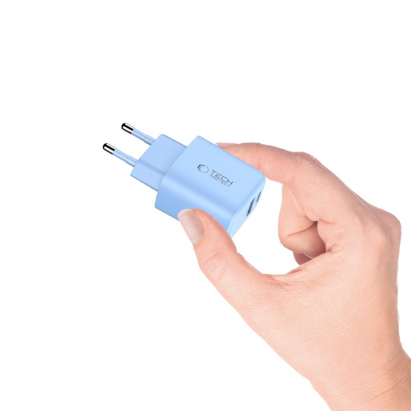 TECH-PROTECT NCA30 двупортово мрежово зарядно PD 30W / QC3.0, бебешко синьо - TECH-PROTECT NCA30 двупортово мрежово зарядно PD 30W / QC3.0, бебешко синьо - 5906302330676