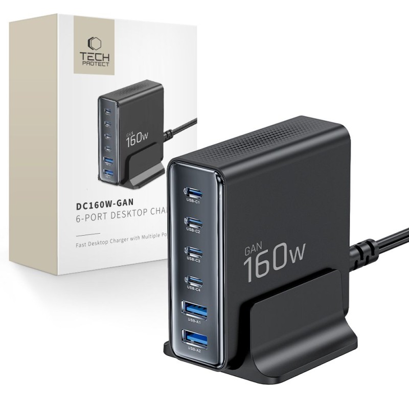 TECH-PROTECT DC160W-GAN настолно зарядно 6-порта, GaN, 160W, PD/QC3.0 (черно) - 5906302335695