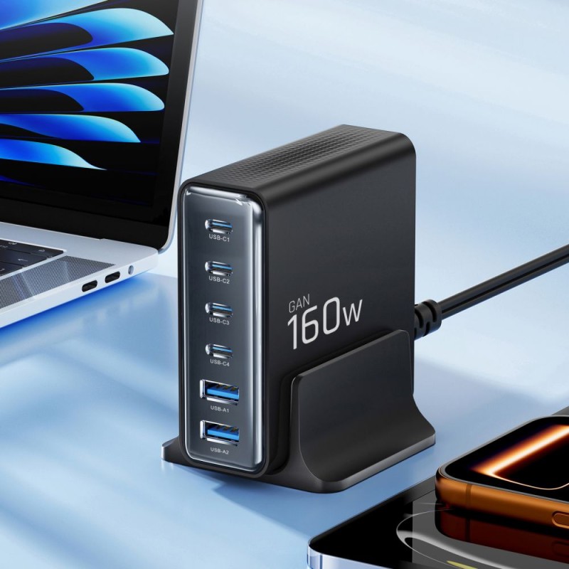 TECH-PROTECT DC160W-GAN настолно зарядно 6-порта, GaN, 160W, PD/QC3.0 (черно) - 5906302335695