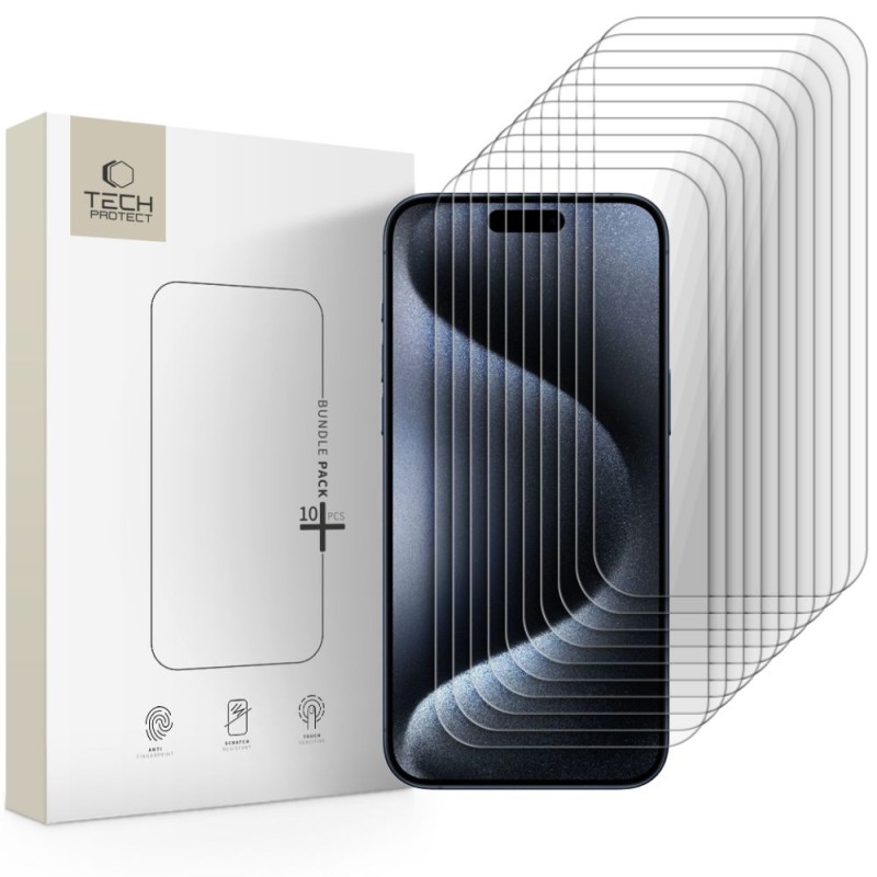 Tech-Protect Брандиран комплект закалено стъкло 10 броя за iPhone 15 Pro Max Clear (SKU 5906302335718) - Tech-Protect Брандиран комплект закалено стъкло 10 броя за iPhone 15 Pro Max Clear (SKU 5906302335718) - 5906302335718