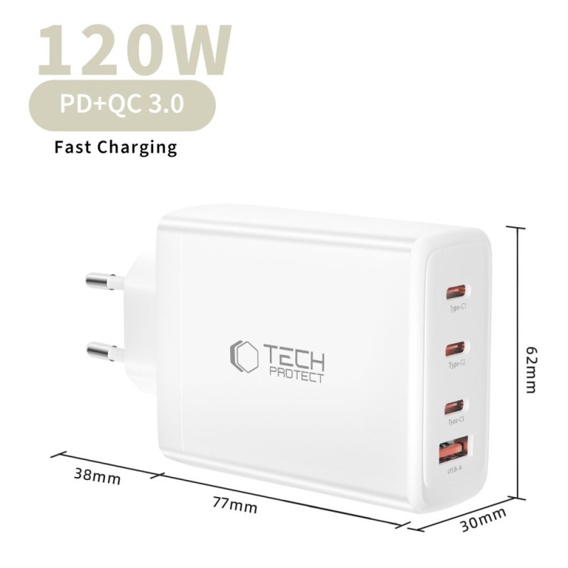 TECH-PROTECT NC120W-GAN мрежово зарядно 4-порт 120W PD / QC3.0 (GaN) – бяло - TECH-PROTECT NC120W-GAN мрежово зарядно 4-порт 120W PD / QC3.0 (GaN) – бяло - 5906302335923