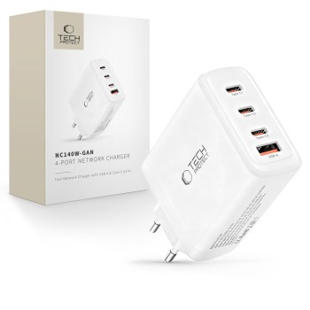 Tech-Protect NC140W-GAN GaN мрежово зарядно 140W, 4 порта (3×USB-C + 1×USB-A) PD & QC3.0, бяло