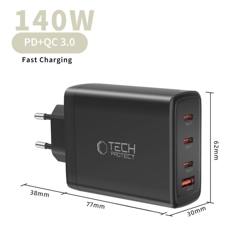 TECH-PROTECT NC140W-GAN 4-портно мрежово зарядно GaN 140W (PD / QC3.0), черно - TECH-PROTECT NC140W-GAN 4-портно мрежово зарядно GaN 140W (PD / QC3.0), черно - 5906302335954