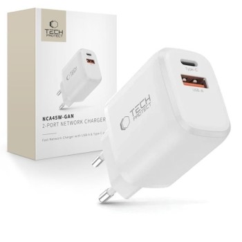 TECH-PROTECT NCA45W-GAN 2-портов мрежово зарядно GaN 45W (PD 3.0 / QC 3.0) Бяло
