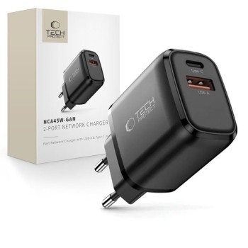 TECH-PROTECT NCA45W-GAN – мрежово зарядно 45W с GaN, 2 порта (USB-C PD 3.0 + USB-A QC 3.0), черно