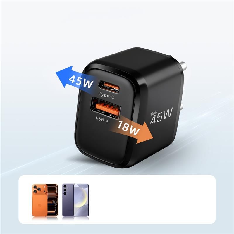 Tech-Protect NCA45W-GAN 2-портов мрежов зарядно устройство PD 45W / QC3.0 + Type-C кабел (черен) - Tech-Protect NCA45W-GAN 2-портов мрежов зарядно устройство PD 45W / QC3.0 + Type-C кабел (черен) - 5906302336005
