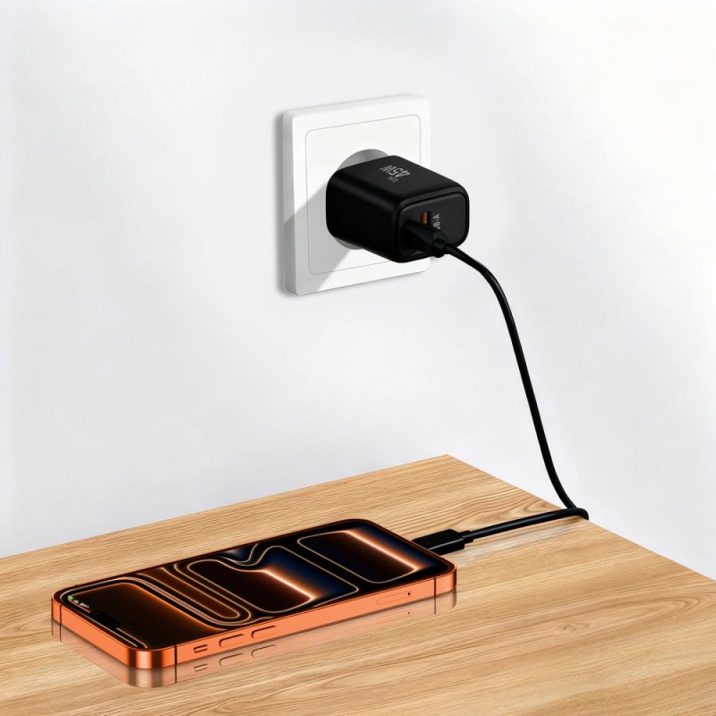 Tech-Protect NCA45W-GAN 2-портов мрежов зарядно устройство PD 45W / QC3.0 + Type-C кабел (черен) - Tech-Protect NCA45W-GAN 2-портов мрежов зарядно устройство PD 45W / QC3.0 + Type-C кабел (черен) - 5906302336005