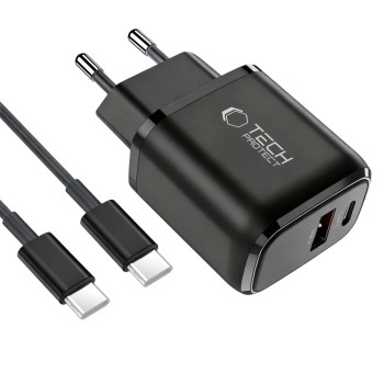 Tech-Protect NCA45W-GAN 2-портов мрежов зарядно устройство PD 45W / QC3.0 + Type-C кабел (черен) Tech-Protect NCA45W-GAN 2-портов мрежов зарядно устройство PD 45W / QC3.0 + Type-C кабел (черен)