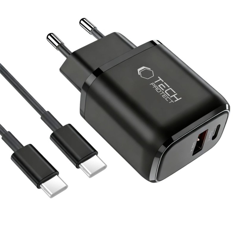 Tech-Protect NCA45W-GAN 2-портов мрежов зарядно устройство PD 45W / QC3.0 + Type-C кабел (черен) - Tech-Protect NCA45W-GAN 2-портов мрежов зарядно устройство PD 45W / QC3.0 + Type-C кабел (черен) - 5906302336005