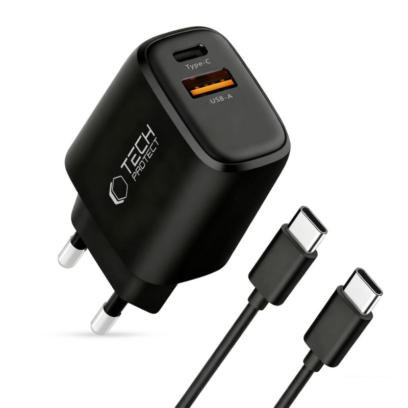 Tech-Protect NCA45W-GAN 2-портов мрежов зарядно устройство PD 45W / QC3.0 + Type-C кабел (черен) - Tech-Protect NCA45W-GAN 2-портов мрежов зарядно устройство PD 45W / QC3.0 + Type-C кабел (черен) - 5906302336005