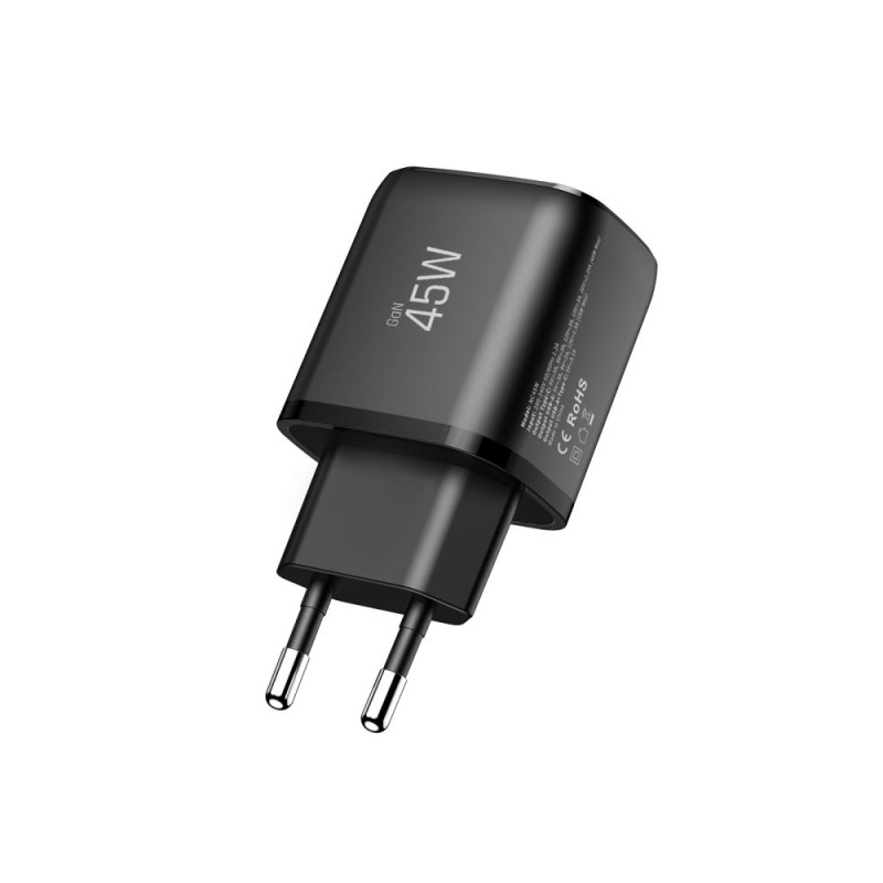 Tech-Protect NCA45W-GAN 2-портов мрежов зарядно устройство PD 45W / QC3.0 + Type-C кабел (черен) - Tech-Protect NCA45W-GAN 2-портов мрежов зарядно устройство PD 45W / QC3.0 + Type-C кабел (черен) - 5906302336005