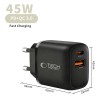 Tech-Protect NCA45W-GAN 2-портов мрежов зарядно устройство PD 45W / QC3.0 + Type-C кабел (черен) - Tech-Protect NCA45W-GAN 2-портов мрежов зарядно устройство PD 45W / QC3.0 + Type-C кабел (черен) - 5906302336005