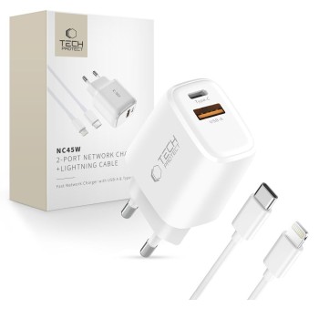Tech-Protect NCA45W-GAN двупортов мрежов заряден адаптер GaN 45W PD 3.0 + QC 3.0 с Lightning кабел (бял)