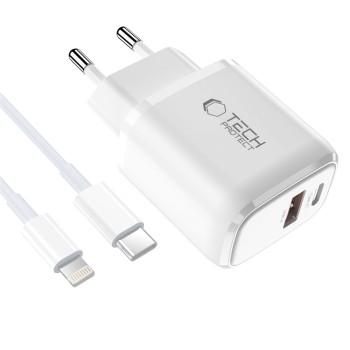 Tech-Protect NCA45W-GAN двупортов мрежов заряден адаптер GaN 45W PD 3.0 + QC 3.0 с Lightning кабел (бял) Tech-Protect NCA45W-GAN двупортов мрежов заряден адаптер GaN 45W PD 3.0 + QC 3.0 с Lightning кабел (бял)