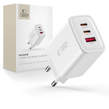 Tech-Protect NCA65W-GAN мрежово зарядно 65W GaN с 3 порта (PD + QC3.0) Бяло