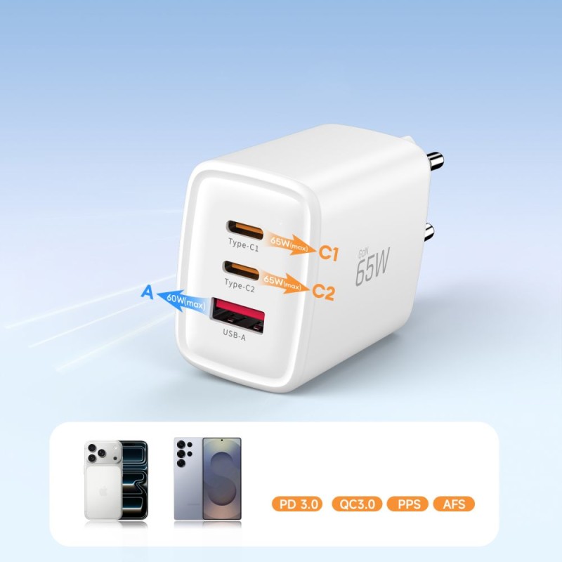 Tech-Protect NCA65W-GAN мрежово зарядно 65W GaN с 3 порта (PD + QC3.0) Бяло - Tech-Protect NCA65W-GAN мрежово зарядно 65W GaN с 3 порта (PD + QC3.0) Бяло - 5906302336074