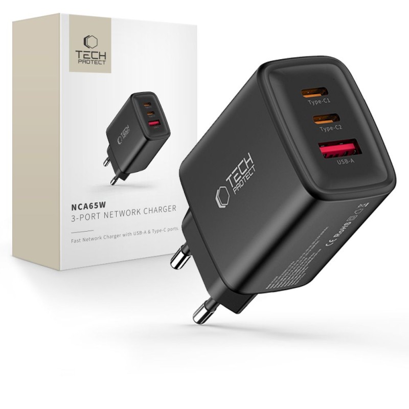 TECH-PROTECT NCA65W-GAN 3-портово мрежово зарядно PD 65W / QC3.0, черно - TECH-PROTECT NCA65W-GAN 3-портово мрежово зарядно PD 65W / QC3.0, черно - 5906302336081