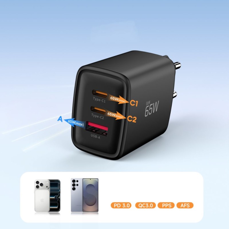 TECH-PROTECT NCA65W-GAN 3-портово мрежово зарядно PD 65W / QC3.0, черно - TECH-PROTECT NCA65W-GAN 3-портово мрежово зарядно PD 65W / QC3.0, черно - 5906302336081