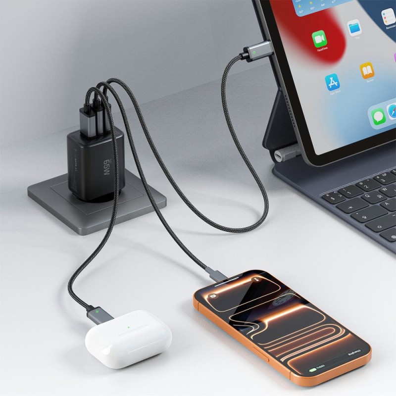 TECH-PROTECT NCA65W-GAN 3-портово мрежово зарядно PD 65W / QC3.0, черно - TECH-PROTECT NCA65W-GAN 3-портово мрежово зарядно PD 65W / QC3.0, черно - 5906302336081