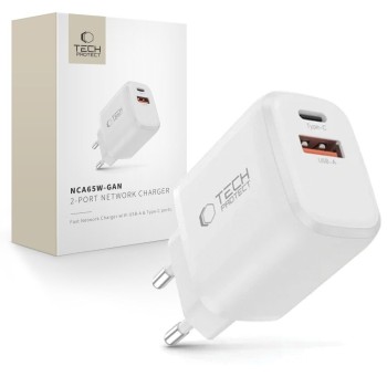 Tech-Protect NCA65W-GAN 2-портова мрежова зарядна PD 65W / QC3.0, бяла