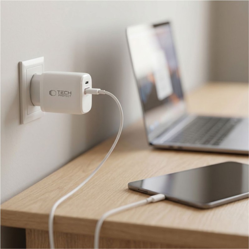 Tech-Protect NCA65W-GAN 2-портова мрежова зарядна PD 65W / QC3.0, бяла - Tech-Protect NCA65W-GAN 2-портова мрежова зарядна PD 65W / QC3.0, бяла - 5906302339822