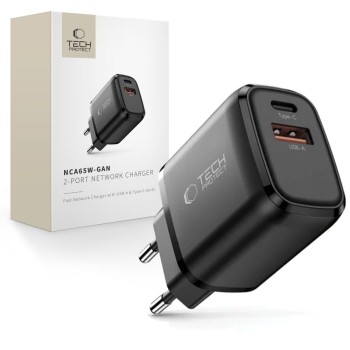 TECH-PROTECT NCA65W-GAN 2-портова мрежова зарядна с PD 65W и QC3.0, черна (Black)