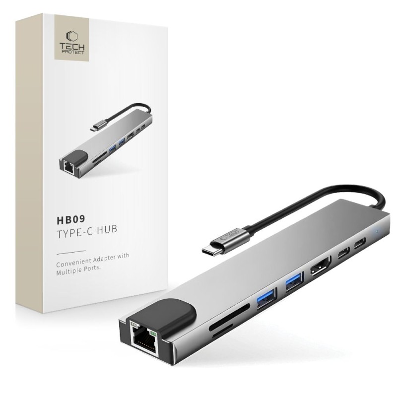 TECH-PROTECT HB09 8в1 хъб за Type-C: USB-A 3.0, USB-C 3.0, HDMI 4K 60Hz, SD/TF, PD 100W, RJ45 Gigabit, Space Grey - TECH-PROTECT HB09 8в1 хъб за Type-C: USB-A 3.0, USB-C 3.0, HDMI 4K 60Hz, SD/TF, PD 100W, RJ45 Gigabit, Space Grey - 5906302340033