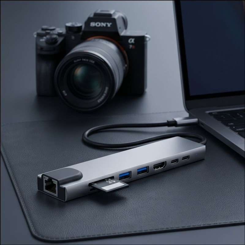 TECH-PROTECT HB09 8в1 хъб за Type-C: USB-A 3.0, USB-C 3.0, HDMI 4K 60Hz, SD/TF, PD 100W, RJ45 Gigabit, Space Grey - TECH-PROTECT HB09 8в1 хъб за Type-C: USB-A 3.0, USB-C 3.0, HDMI 4K 60Hz, SD/TF, PD 100W, RJ45 Gigabit, Space Grey - 5906302340033