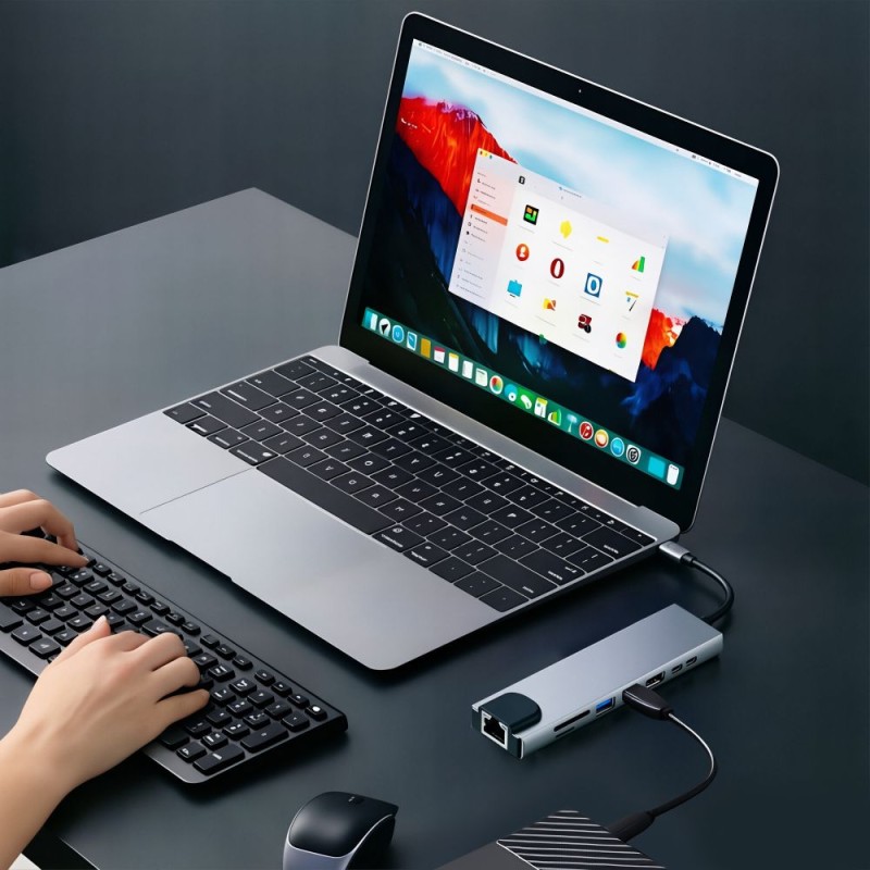TECH-PROTECT HB09 8в1 хъб за Type-C: USB-A 3.0, USB-C 3.0, HDMI 4K 60Hz, SD/TF, PD 100W, RJ45 Gigabit, Space Grey - TECH-PROTECT HB09 8в1 хъб за Type-C: USB-A 3.0, USB-C 3.0, HDMI 4K 60Hz, SD/TF, PD 100W, RJ45 Gigabit, Space Grey - 5906302340033