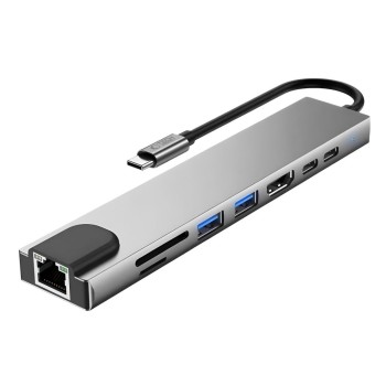 TECH-PROTECT HB09 8в1 хъб за Type-C: USB-A 3.0, USB-C 3.0, HDMI 4K 60Hz, SD/TF, PD 100W, RJ45 Gigabit, Space Grey