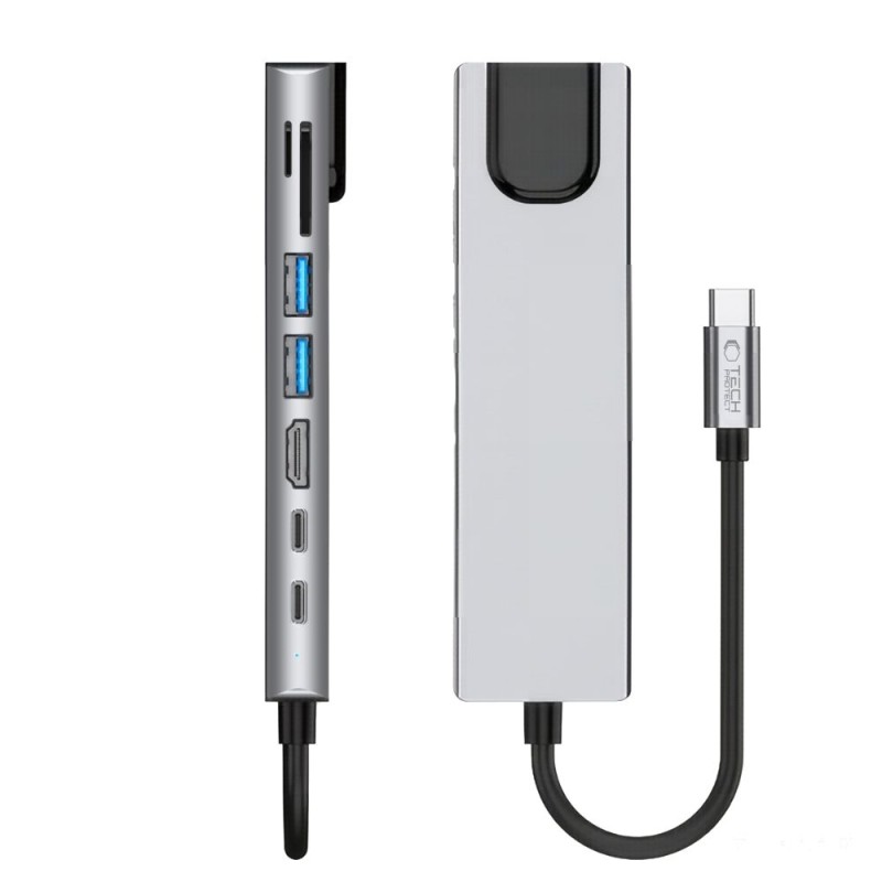 TECH-PROTECT HB09 8в1 хъб за Type-C: USB-A 3.0, USB-C 3.0, HDMI 4K 60Hz, SD/TF, PD 100W, RJ45 Gigabit, Space Grey - TECH-PROTECT HB09 8в1 хъб за Type-C: USB-A 3.0, USB-C 3.0, HDMI 4K 60Hz, SD/TF, PD 100W, RJ45 Gigabit, Space Grey - 5906302340033