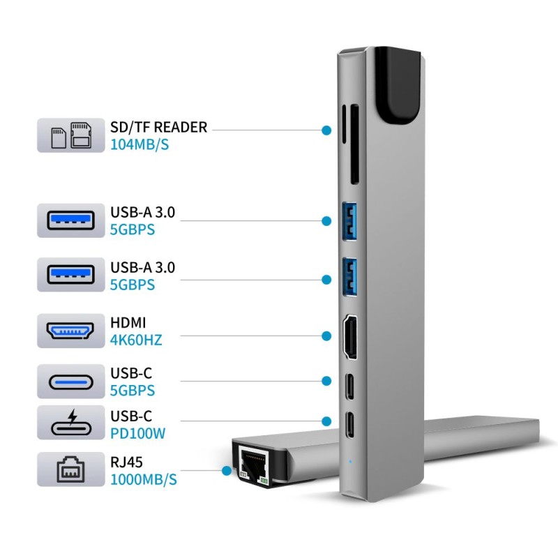 TECH-PROTECT HB09 8в1 хъб за Type-C: USB-A 3.0, USB-C 3.0, HDMI 4K 60Hz, SD/TF, PD 100W, RJ45 Gigabit, Space Grey - TECH-PROTECT HB09 8в1 хъб за Type-C: USB-A 3.0, USB-C 3.0, HDMI 4K 60Hz, SD/TF, PD 100W, RJ45 Gigabit, Space Grey - 5906302340033