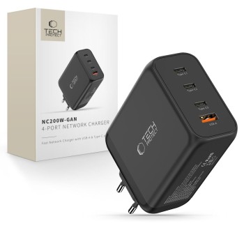 Tech-Protect NC200W-GAN мрежово зарядно 200W GaN, 4 порта (3x Type-C + 1x USB-A), PD + QC3.0, черно