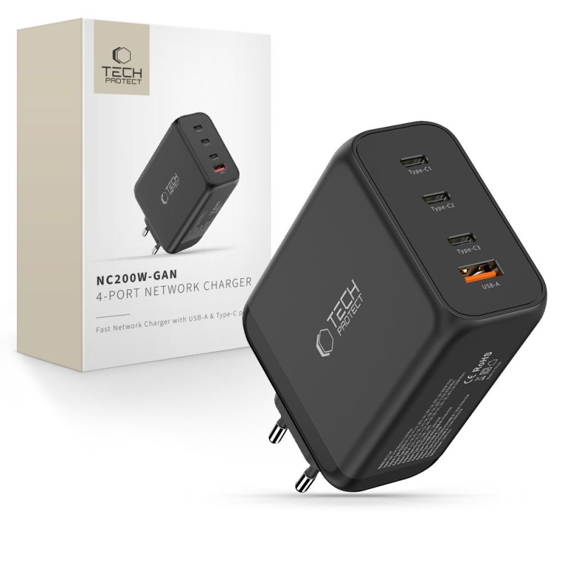 Tech-Protect NC200W-GAN мрежово зарядно 200W GaN, 4 порта (3x Type-C + 1x USB-A), PD + QC3.0, черно - Tech-Protect NC200W-GAN мрежово зарядно 200W GaN, 4 порта (3x Type-C + 1x USB-A), PD + QC3.0, черно - 5906302352340